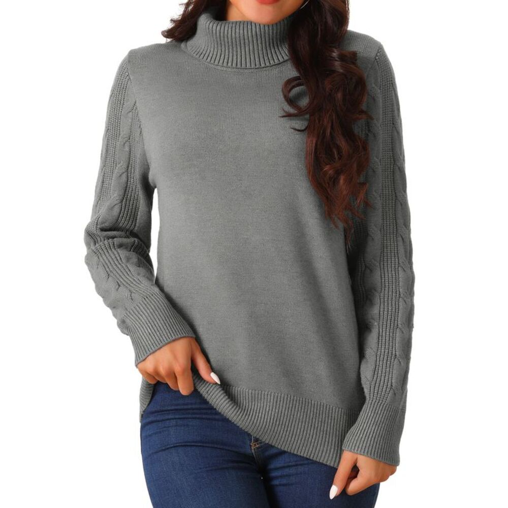 High Neck Long Sleeve Casual Chunky Warm Pullover Sweater Top Gray
